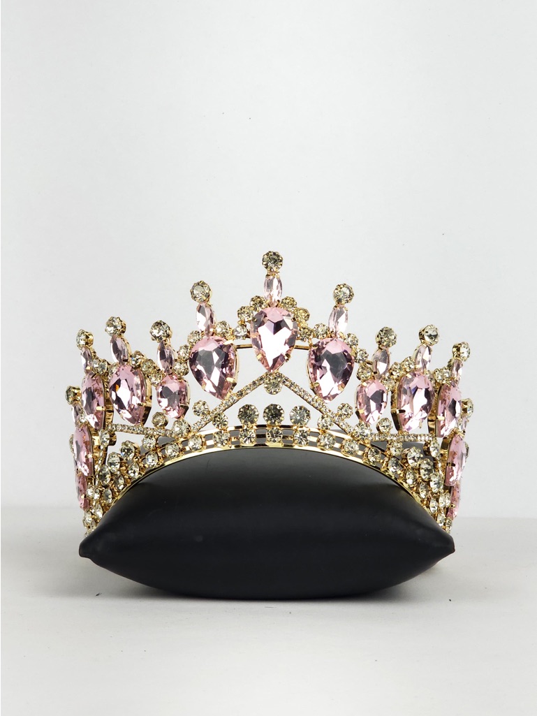 Pink Crystal Tiara Crown - Gold Tone
